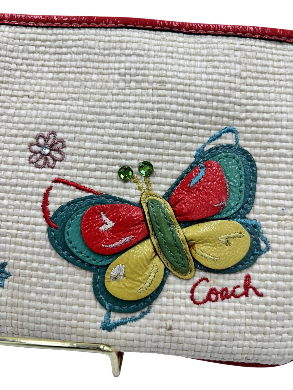 Coach Butterfly Straw Wristlet Pouch Appliqué Floral Embroidered Zip Clutch - Picture 5 of 10